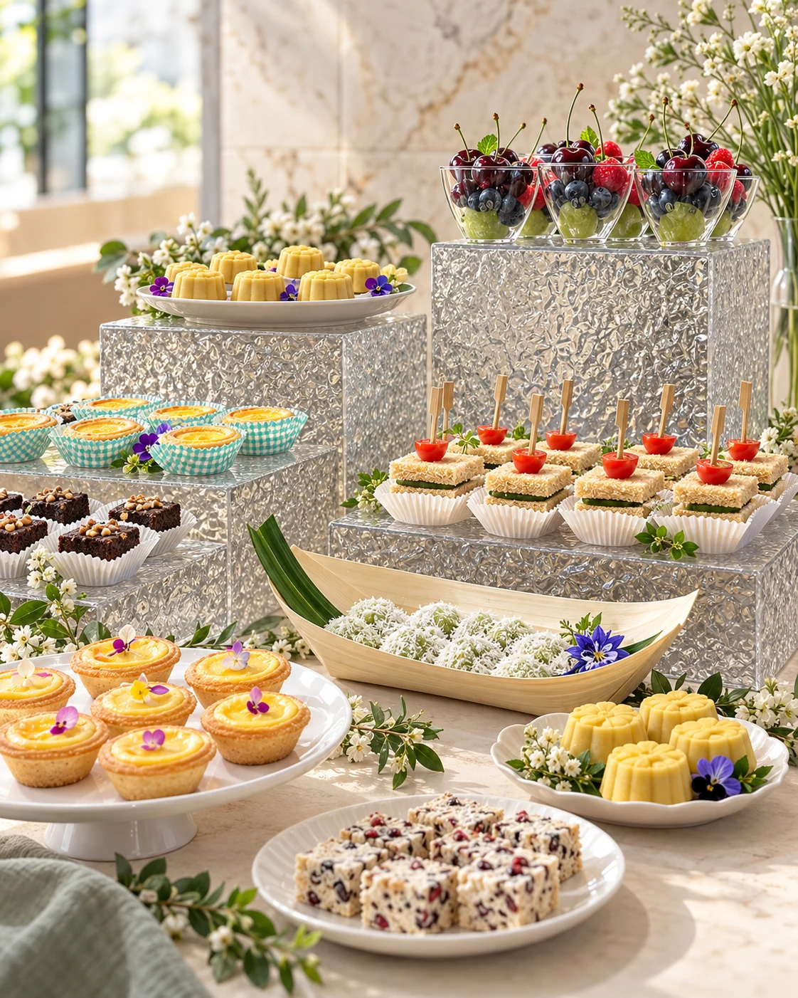 A curated dessert-table scene inspired by Yugo table photographs