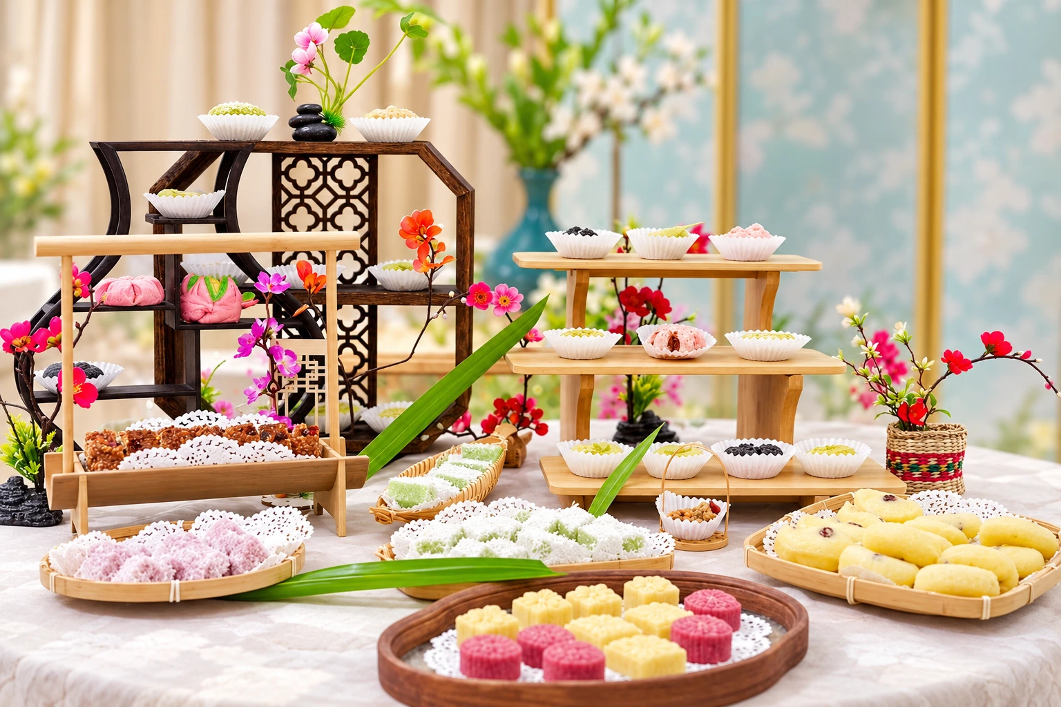A traditional pastry table with wooden display stands and floral accents