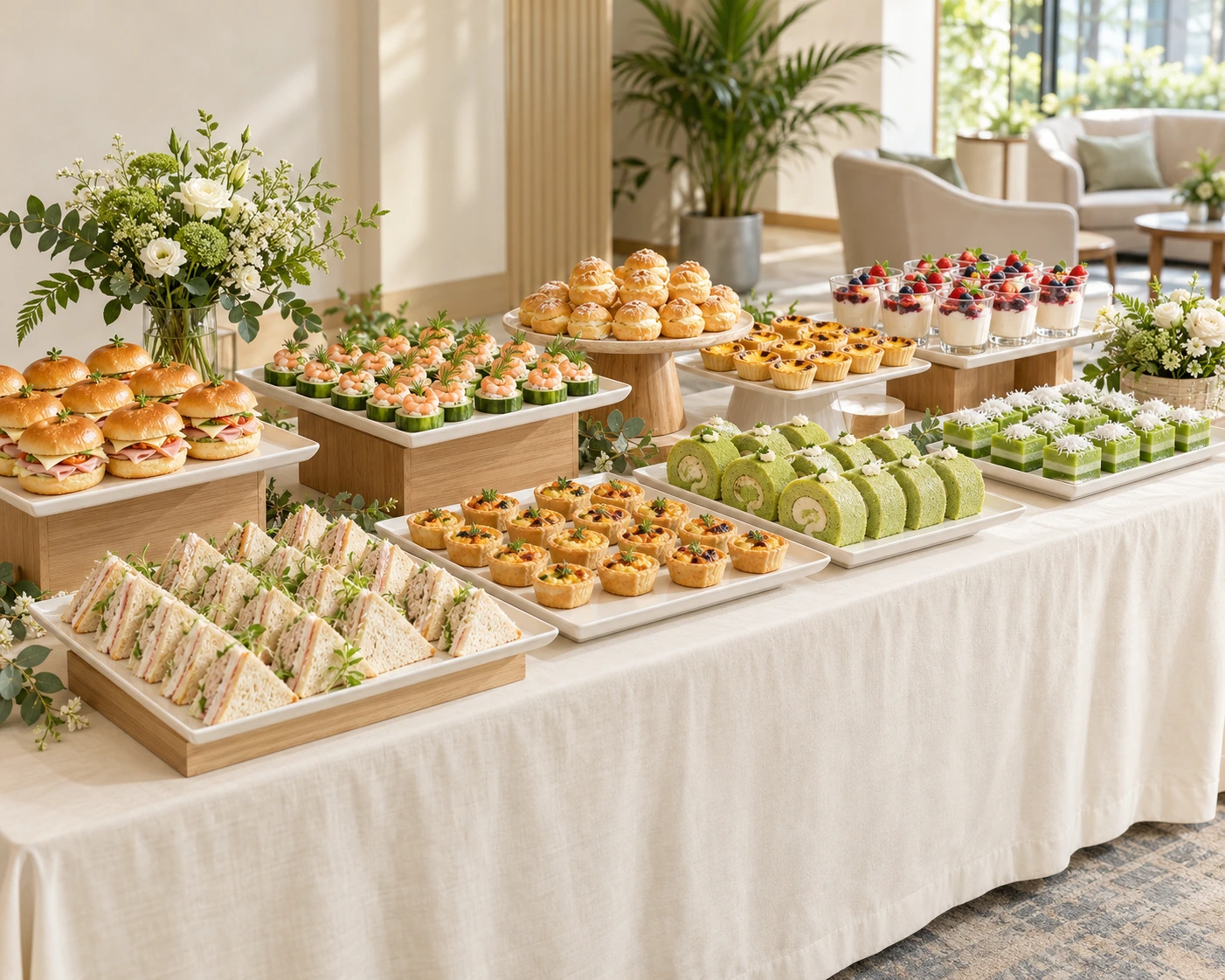 A refined tea-break table with savoury canapés, handcrafted desserts and fruit yogurt cups
